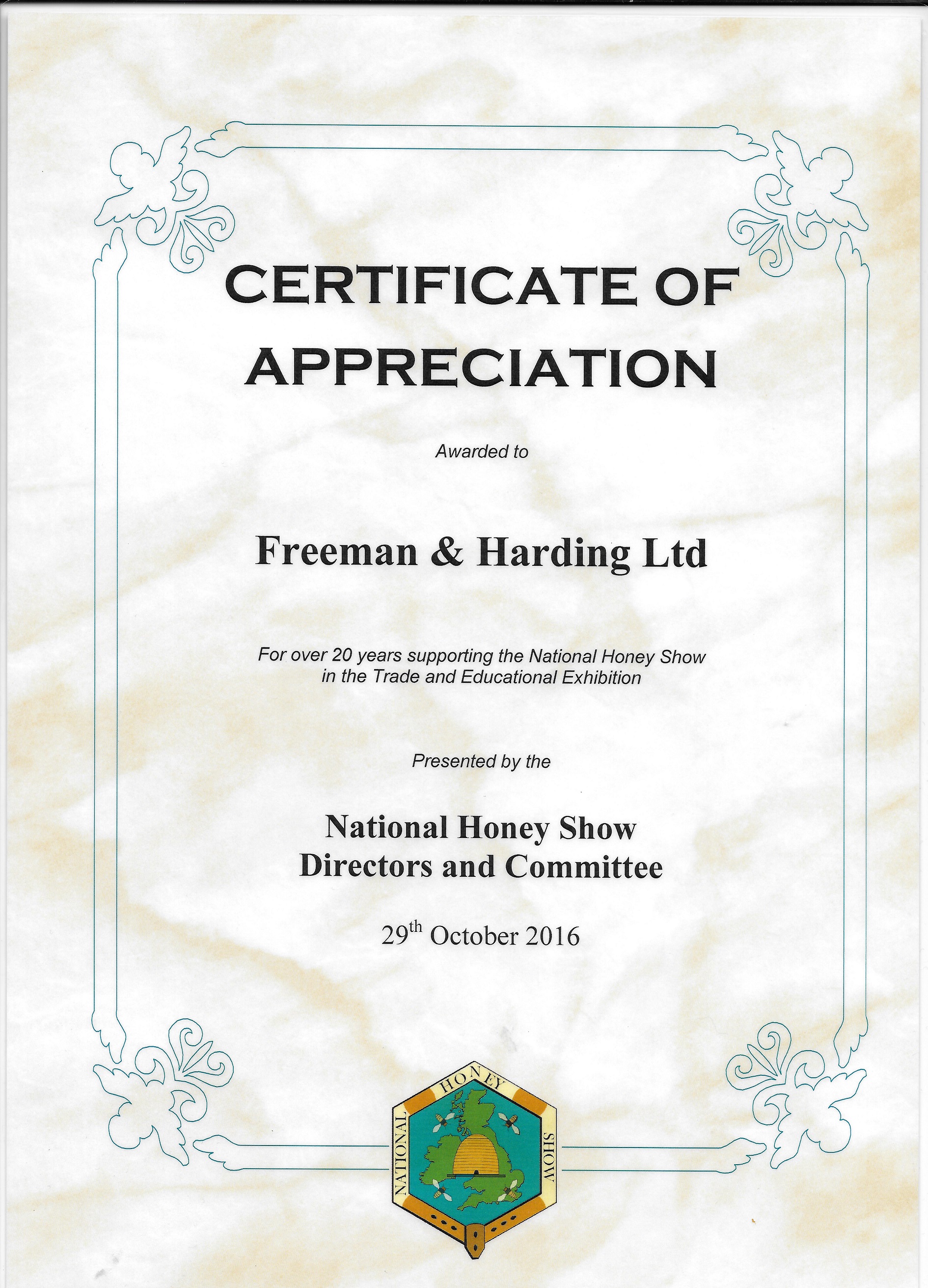 National Honey Show Certificate